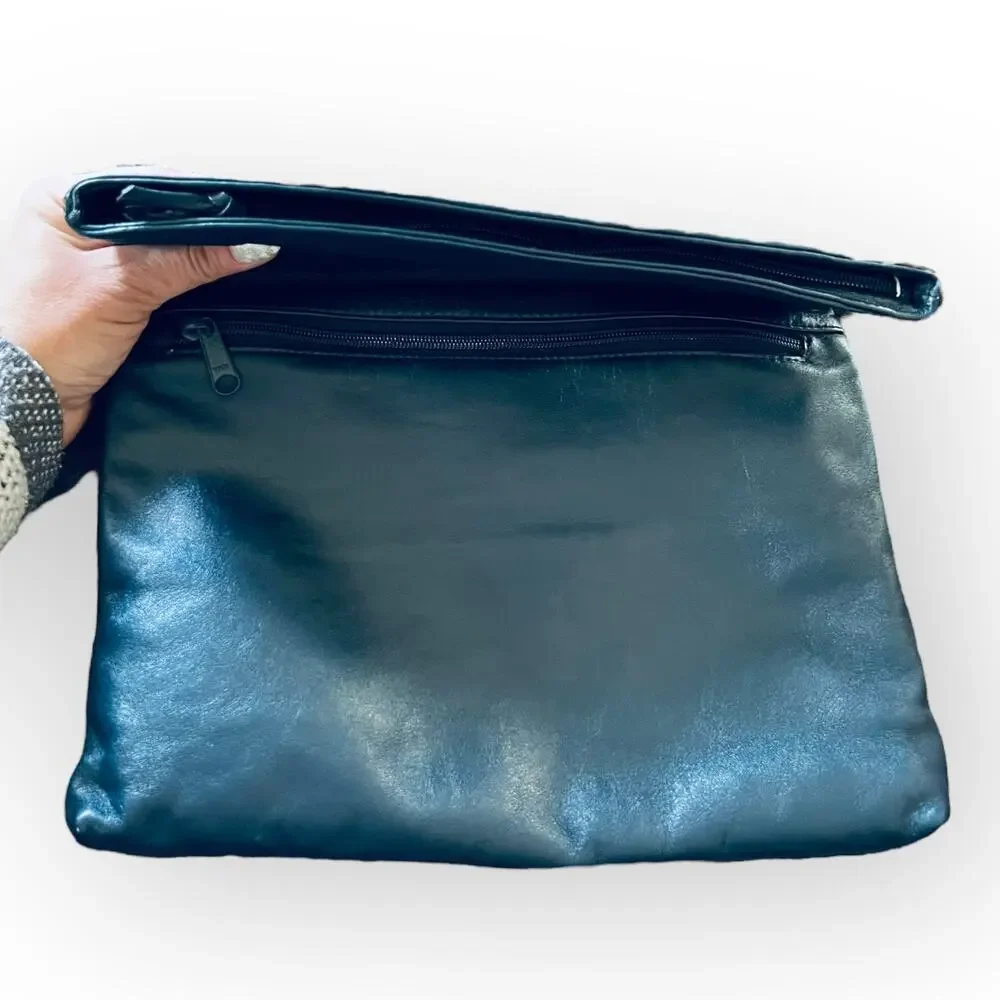 Pioneer Vintage 80s Navy Blue Leather Fold Over Clutch Purse w/ Fabric Cut Outs